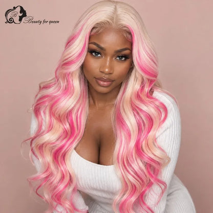 Radiant Platinum Pink Streak Ombre Human Hair Wigs Body Wave Long Premium Bouncy Lustrous Pre Plucked For Lady Vixen Glamorous