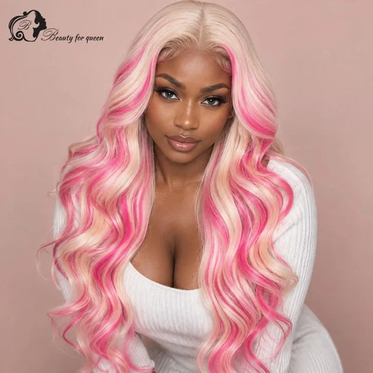 Radiant Platinum Pink Streak Ombre Human Hair Wigs Body Wave Long Premium Bouncy Lustrous Pre Plucked For Lady Vixen Glamorous