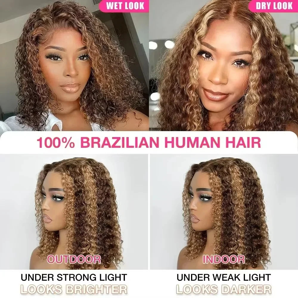 250 Density Highlight Short Bob 100% Human Hair Wigs Water Wave 13x4 HD Lace Front Wigs Ombre Blonde Deep Wave Lace Frontal Wig
