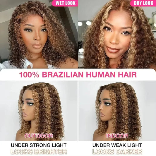 250 Density Highlight Short Bob 100% Human Hair Wigs Water Wave 13x4 HD Lace Front Wigs Ombre Blonde Deep Wave Lace Frontal Wig