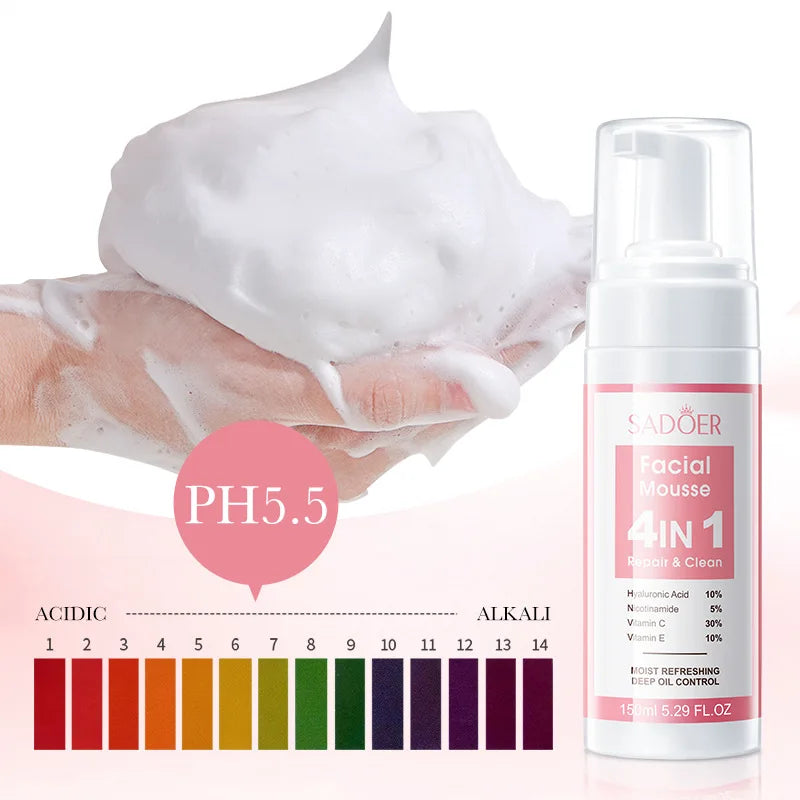 SADOER 4 in 1 Facial Mousse Face Wash Foam Facial Cleanser Moisturizing Brightening Hydrating Face Cleansing Skin Care Products