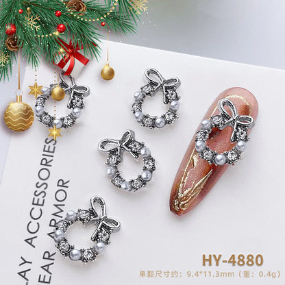 Luxury Christmas Wreath Nail Art Charms Pink Bow Pearl Diamond Gold Silver Alloy Nails 3D Decoration Jewelry for Manicure Design