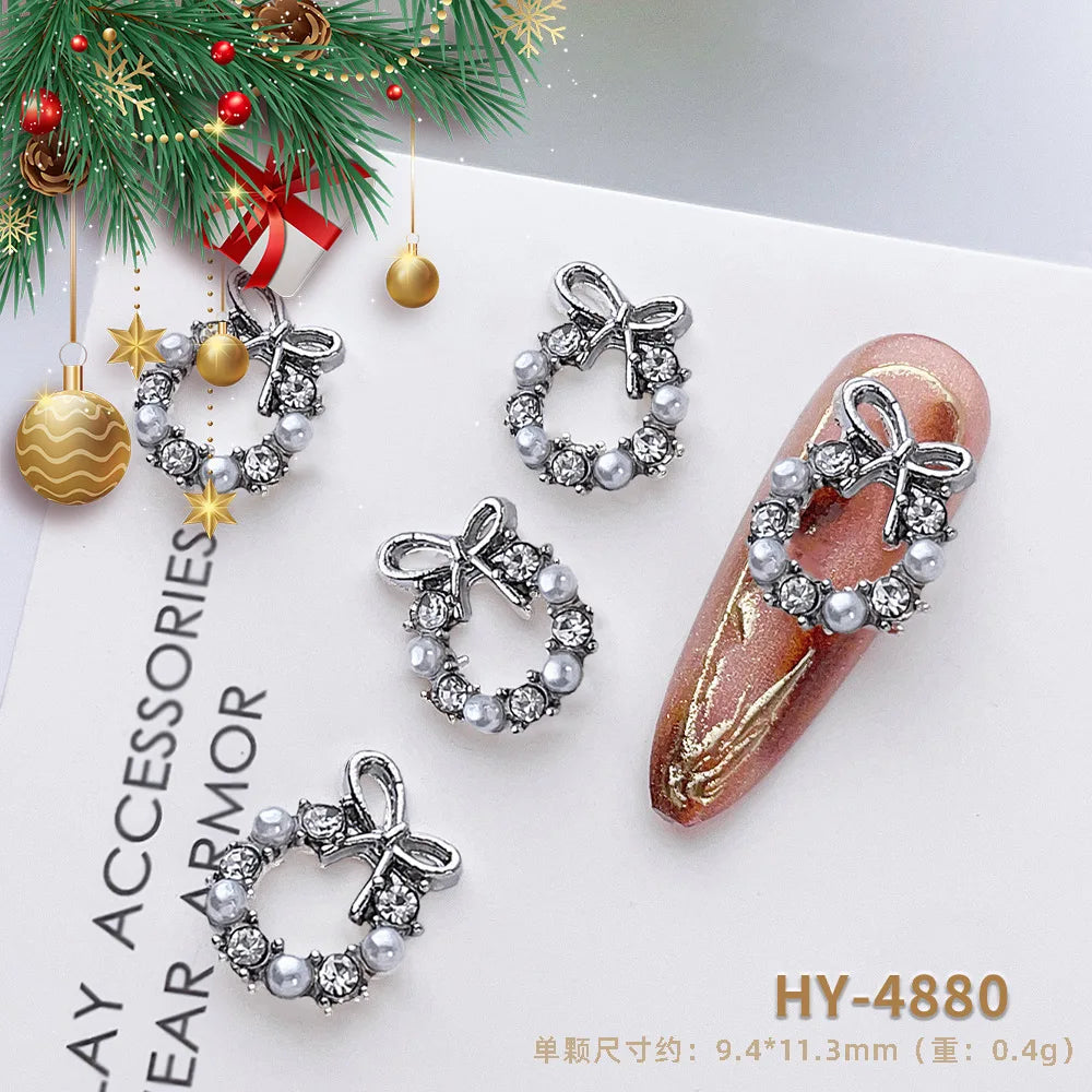 Luxury Christmas Wreath Nail Art Charms Pink Bow Pearl Diamond Gold Silver Alloy Nails 3D Decoration Jewelry for Manicure Design
