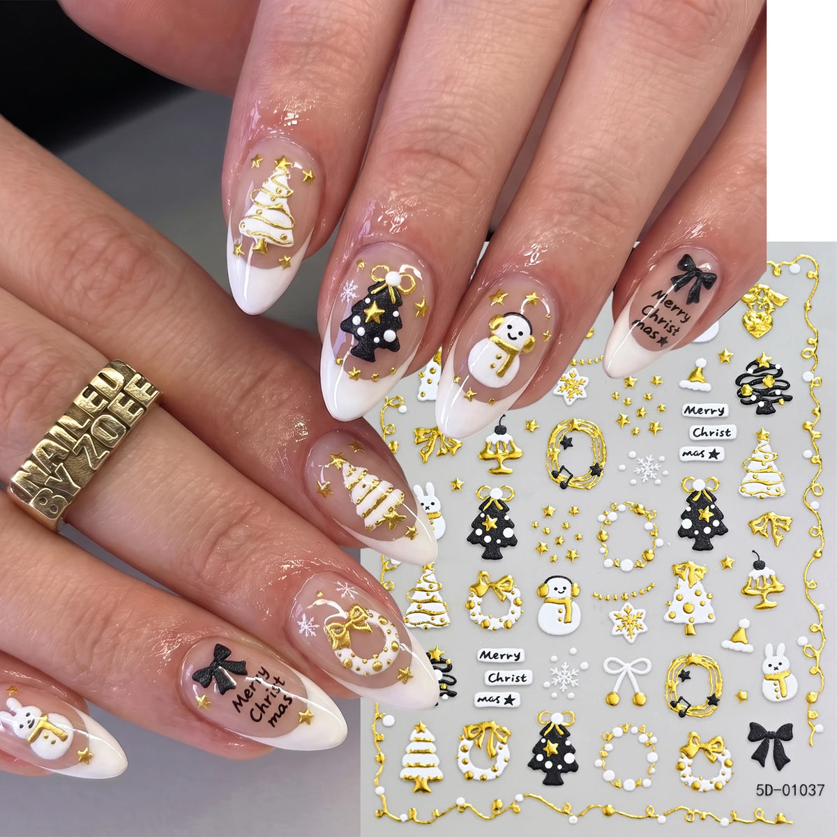 1pcs Gold-foiled Christmas Tree 5D Nail Stickers Bow Holly Snowflake Wreath Christmas Nail Decals Cartoon Merry Christmas Decora