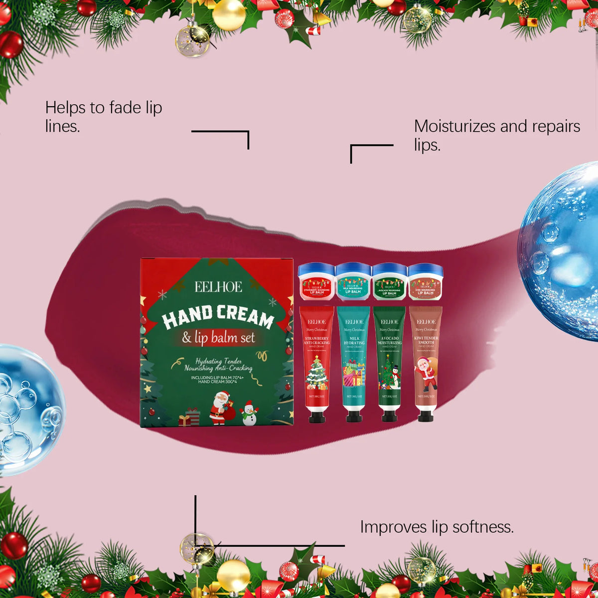 Christmas Hand Cream Lip Balm Set Gift Box Nourishing Moisturizing Anti-dry Cracked Softening Skin Festive Holiday Present