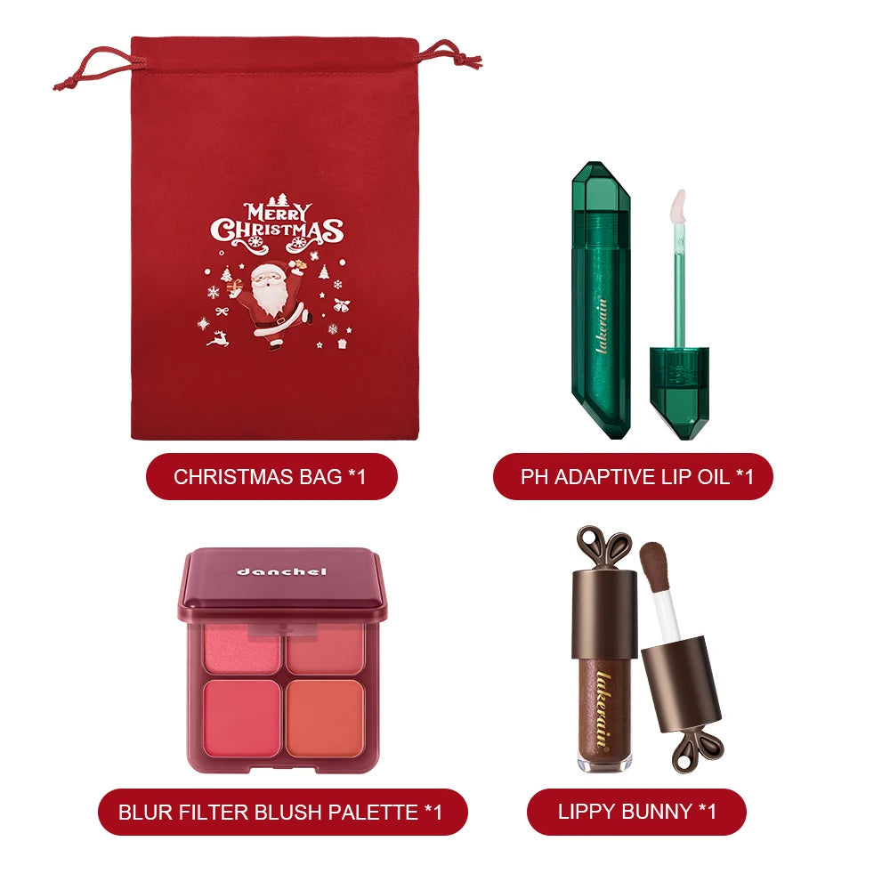 Festive Christmas Makeup Set Chocolate Lip Gloss PH Color Changing Lip Oil Blush Palette High Pigment Hydrating for Holiday Gift