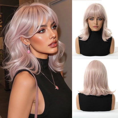 Short Light Pink Wave Synthetic Wigs with Bangs Rose Gold Lolita Natural Hair Wigs for Women Cosplay Daily Party Heat Resistant