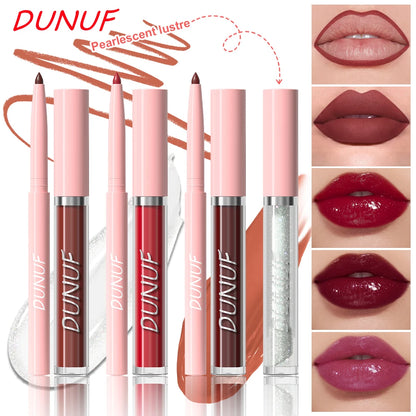 Matte Lip Liner Lip Gloss Lip Oil Set, 3-in-1 Waterproof Non-sticky Long-Lasting Lipstick, Nude Deep Red Mauve, Christmas Makeup