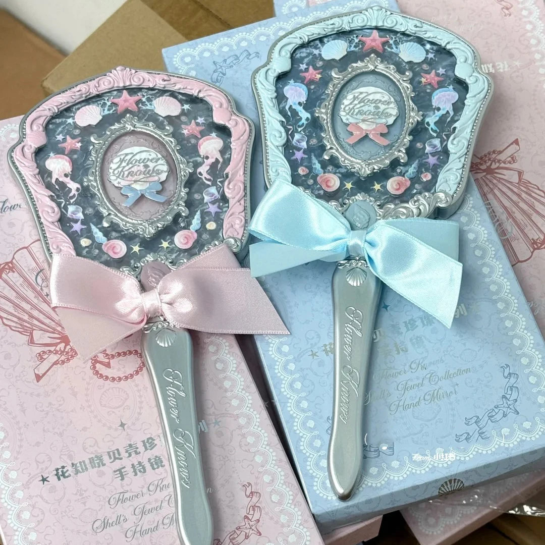 Flower Knows Shell Jewel Hand Mirror Ocean Style Makeup Mirror Portable Compact Beauty Mirror Aesthetic Princess Vanity Mirror