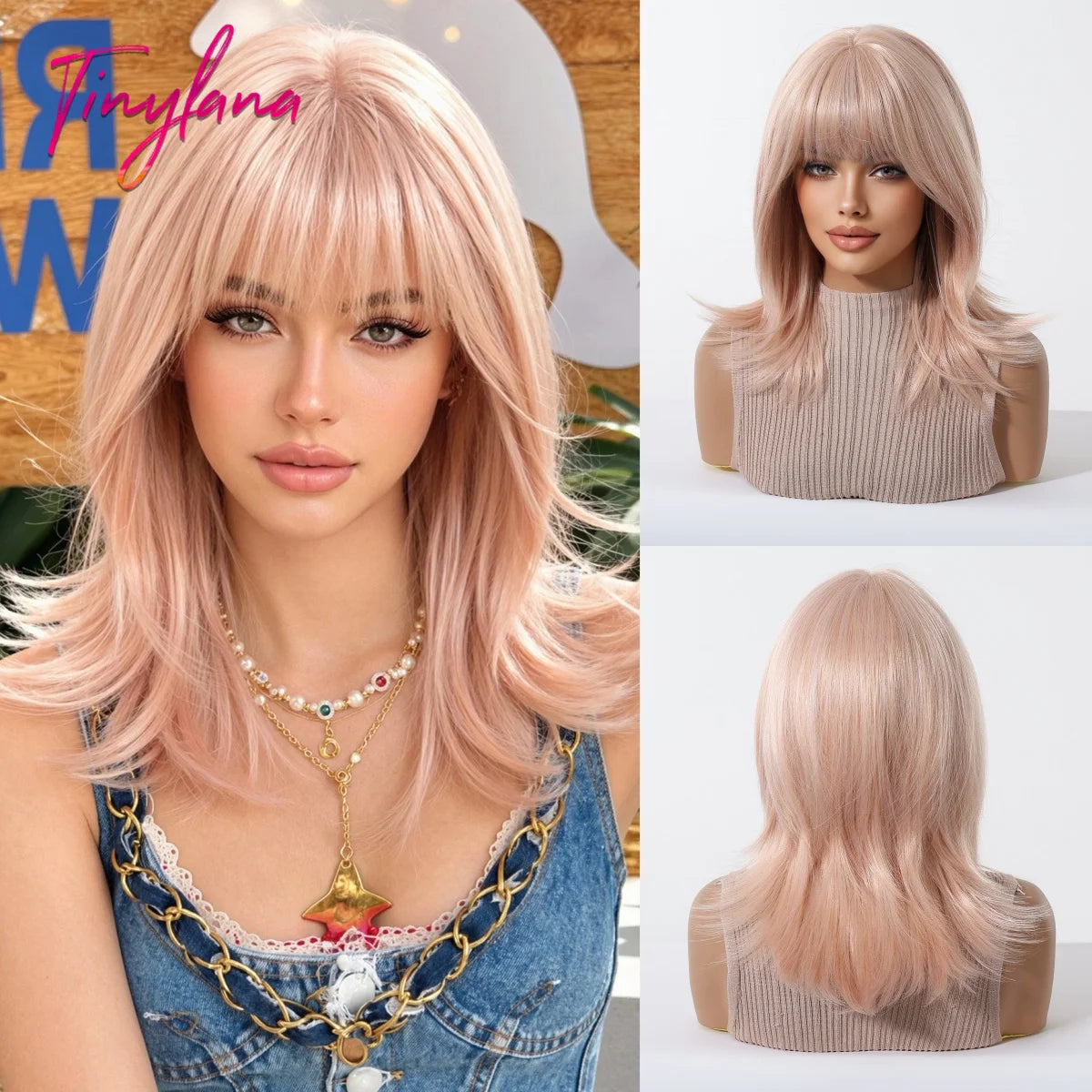 Short Light Pink Wave Synthetic Wigs with Bangs Rose Gold Lolita Natural Hair Wigs for Women Cosplay Daily Party Heat Resistant