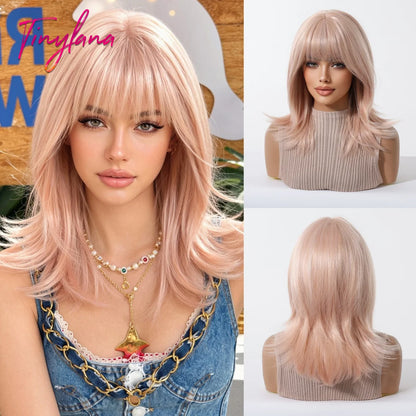Short Light Pink Wave Synthetic Wigs with Bangs Rose Gold Lolita Natural Hair Wigs for Women Cosplay Daily Party Heat Resistant