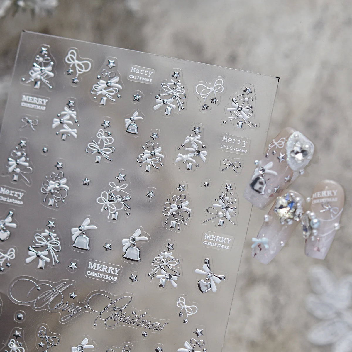 Luxury Winter Silver Crystal Christmas Nail Stickers Bow Star Pattern Nails 3D Decoration 3D Self Adhesive Nail Art Sticker DIY