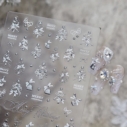 Luxury Winter Silver Crystal Christmas Nail Stickers Bow Star Pattern Nails 3D Decoration 3D Self Adhesive Nail Art Sticker DIY