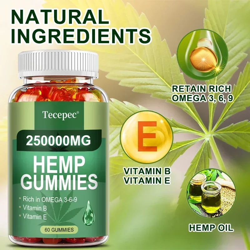 Contains Omega 3-6-9 Vitamin B, E Gummies - Stress Relief, Sleep, Mood, Skin, Nails, Focus, Joint Support, Non-GMO Supplement