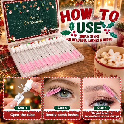 14pcs Gift Box Christmas Mascara Eyelash Brushes Set - Santa Snowflake Design Mascara Wand Makeup Brushes, Travel Eyelash Brush