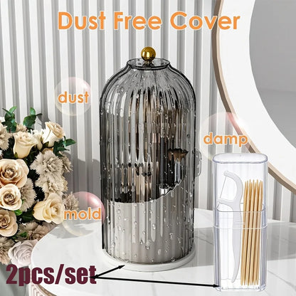 2pcs 360° Rotating Dustproof Makeup Brush Storage Box, Sliding Door Cosmetic Storage Rack + Dental Floss Storage Box