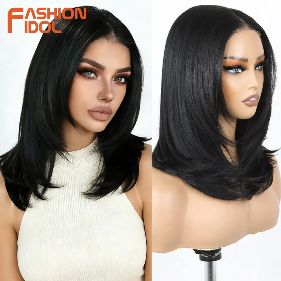 FASHION IDOL 16 Inch 13x3 Lace Front Wigs Synthetic Straight Hair Layered Ombre Brown Free Part Pre-Plucked Bob Wigs for Women