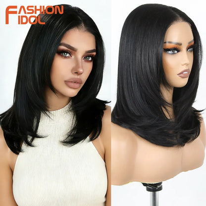 FASHION IDOL 16 Inch 13x3 Lace Front Wigs Synthetic Straight Hair Layered Ombre Brown Free Part Pre-Plucked Bob Wigs for Women