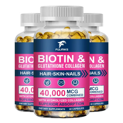 High Biotin 5000mcg Capsules with Hydrolyzed Fish Collagen & MSM, Healthy Hair, Glowing Skin, Strong Nails & Anti-Aging Support