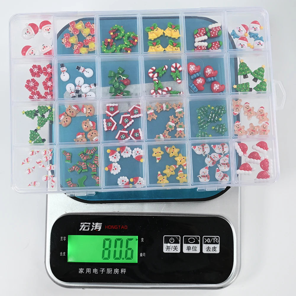 24grid 3D Kawaii Santa Claus/Snowman/Elk/Gloves/Bell/Candy/Christmas Tree Nail Charms Flatback Resin Xmas Winter Nail Rhinestone