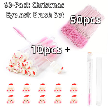 60Pcs Christmas Eyelash Brush with Tube Replaceable Mascara Wand Spoolie Dustproof Lash Tech Supplies Reusable Eyebrow Xmas Gift