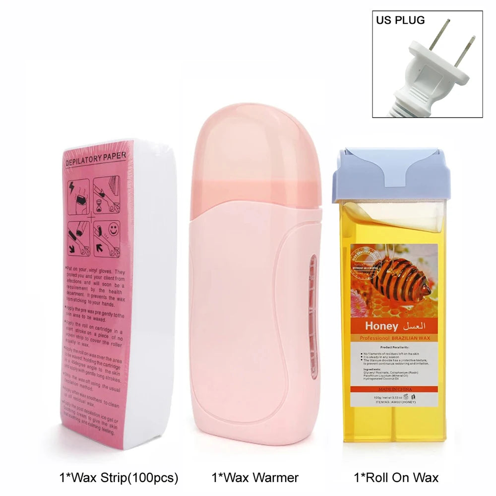 Women Home Hair Removal Kit Roll on Wax Warmer Honey Roller Wax Cartridge 100Pcs Depilatory Wax Strips Body Leg Arm Waxing Set