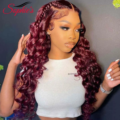 Sophies 4*4 Lace Closure Human Hair Wigs 99J Color 180% Density Loose Wave Wigs For Women Brazilian Hair Remy Hair 14-28 Inches
