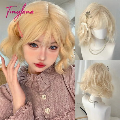 Curly Short Bob Brown Wavy Synthetic Wigs with Bangs Lolita Cosplay Brown Wig for Women Natural Daily Party Hair Heat Resistant
