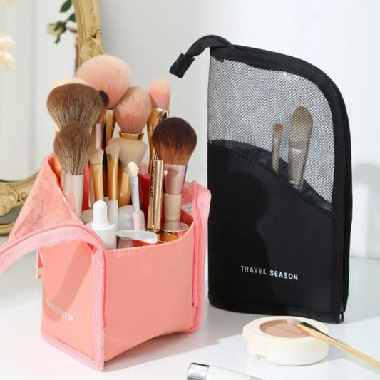 New Standing Makeup Brush Holder Bag 2 in 1 Travel Cosmetic Pouch Mesh Waterproof Portable Toiletry Storage Organizer