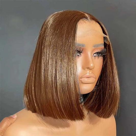 Short 13x4 Lace Front Wig Bob Human Hair Chocolate Brown Straight 200% Density HD Transparent 4x4 Lace Closure Wigs #4 Bob Hair