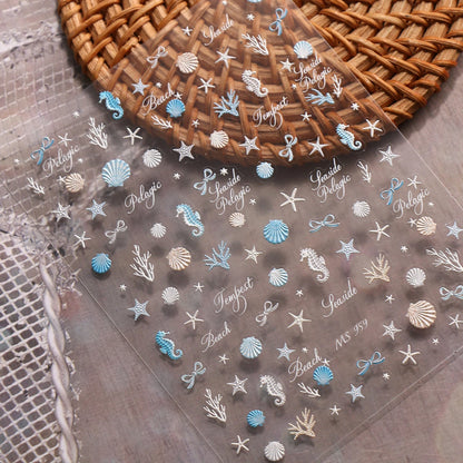 Aurora Ocean Shell Nail Stickers - Summer Beach 3D Relief Sea Star Seahorse Decals - Spring Vacation Nail Tech Supplies