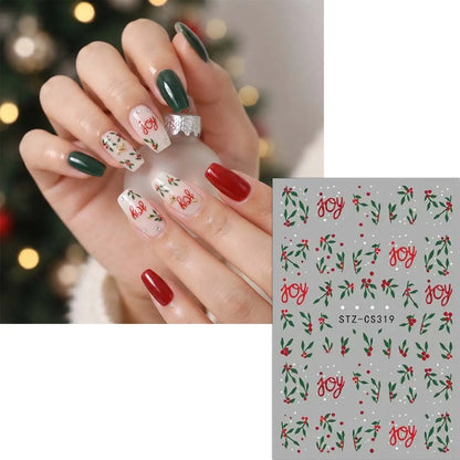 2PCS 3D Red Green Christmas Nail Stickers Holiday Snowflake Bow Berry Decals Winter Holiday Party Nail Art Supplies