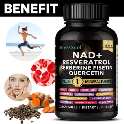 NAD+ Supplement with Resveratrol  & Quercetin - Boost NAD+ Levels, Energy & Anti-Aging Support - Vegan, 120 Softgels
