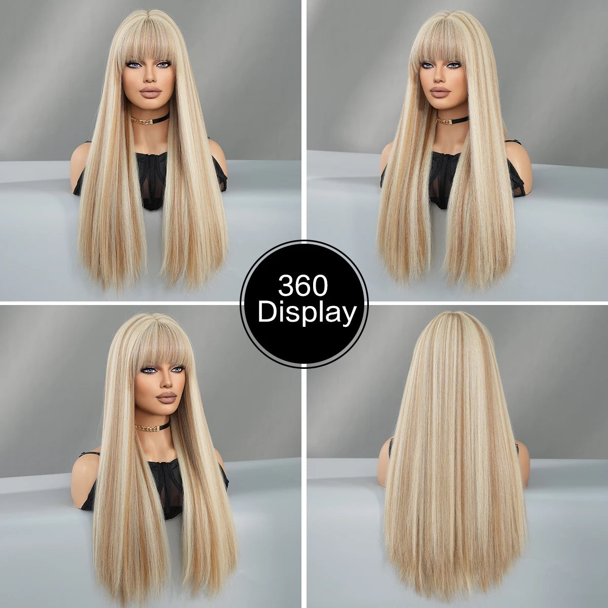 Long Straight Light Blonde Wig for Women Daily Party Highlight Brown Synthetic Layered Hair Wigs with Bangs Halloween Cosplay