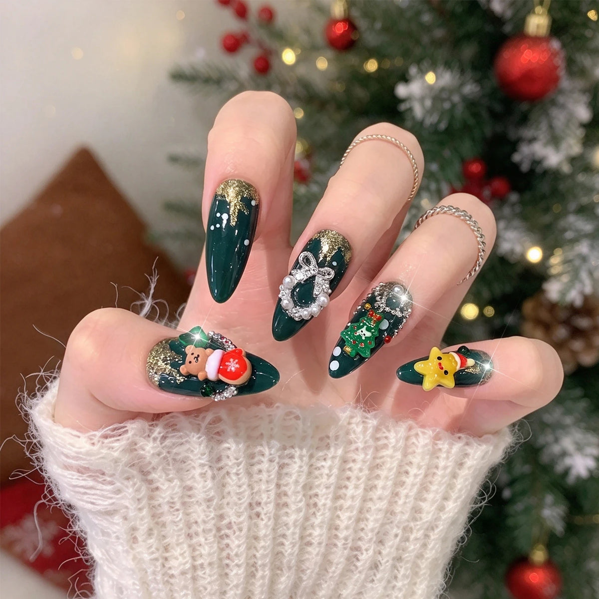 96PC 3D Red Green Medium Almond Christmas Press On Nails Cute Elk/Bell/Snowman/Santa Claus/Xmas Tree Fake Nails Full Cover Nails