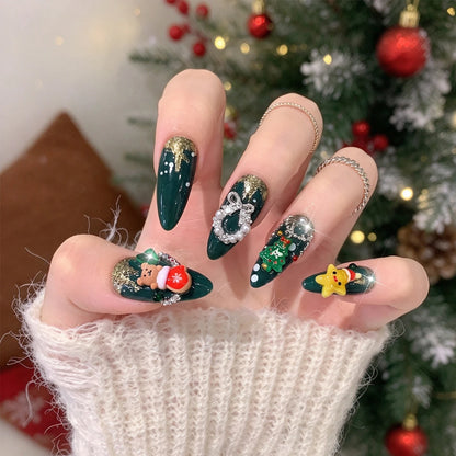 96PC 3D Red Green Medium Almond Christmas Press On Nails Cute Elk/Bell/Snowman/Santa Claus/Xmas Tree Fake Nails Full Cover Nails