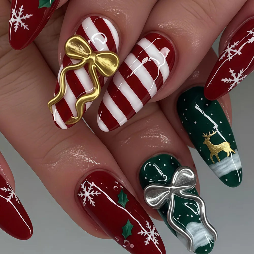 24pcs Christmas Red Metallic Press On Nails Luminous Glow In Dark Snowflake Candy Stripe Fake Nail Long Almond False Nail