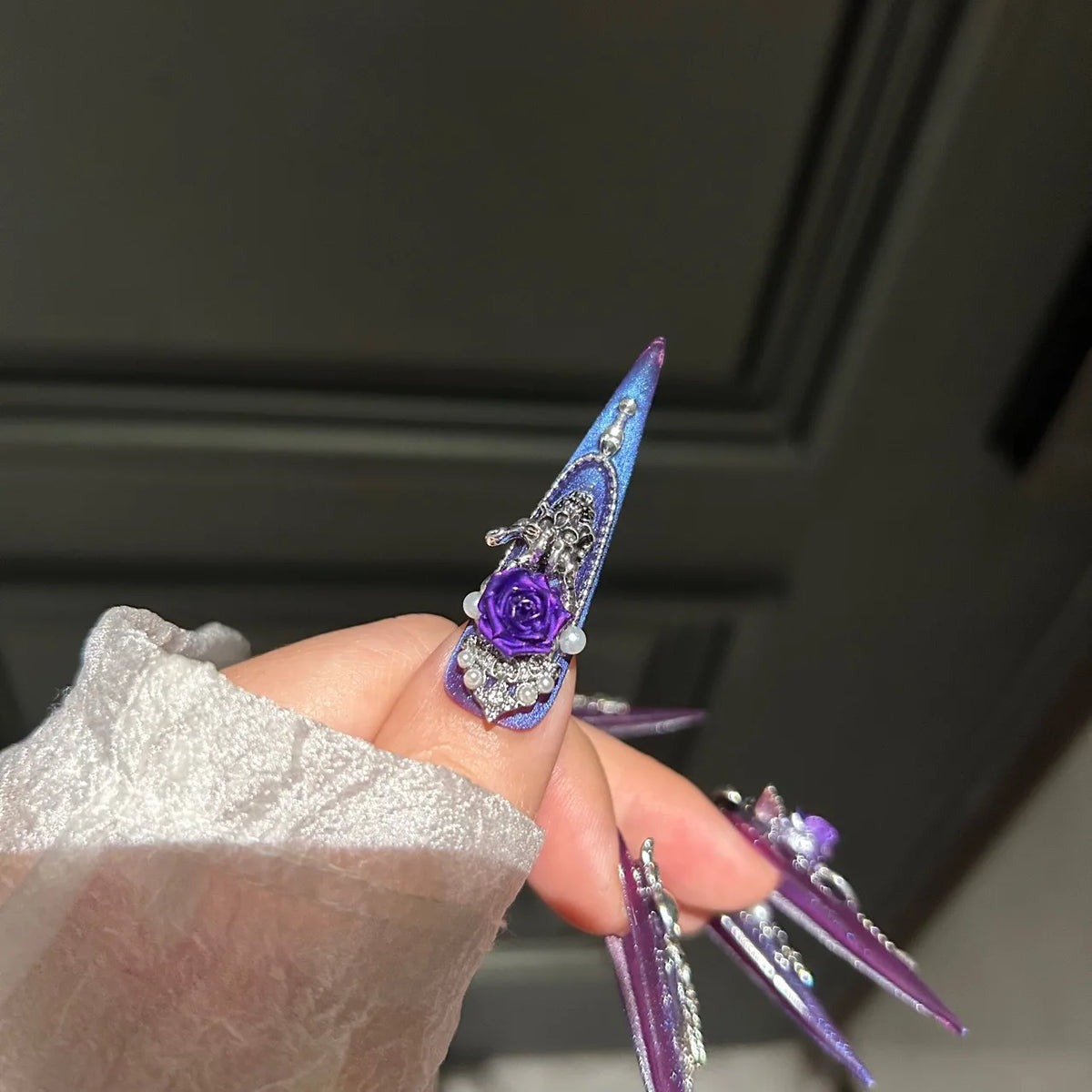 Gothic Dark Press On Nails Iridescent Purple Laser Resin Black Diamonds Multiple Sizes Left Right Hands Easy to Apply Reusable