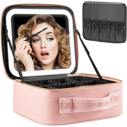 Makeup Bag with LED Mirror Travel Large Train Case Cosmetic Organizer Make Up Bags with 3 Color Lights and Adjustable Dividers