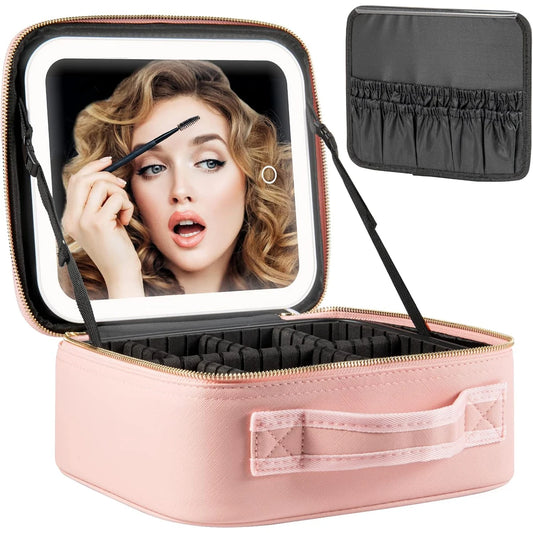 Makeup Bag with LED Mirror Travel Large Train Case Cosmetic Organizer Make Up Bags with 3 Color Lights and Adjustable Dividers