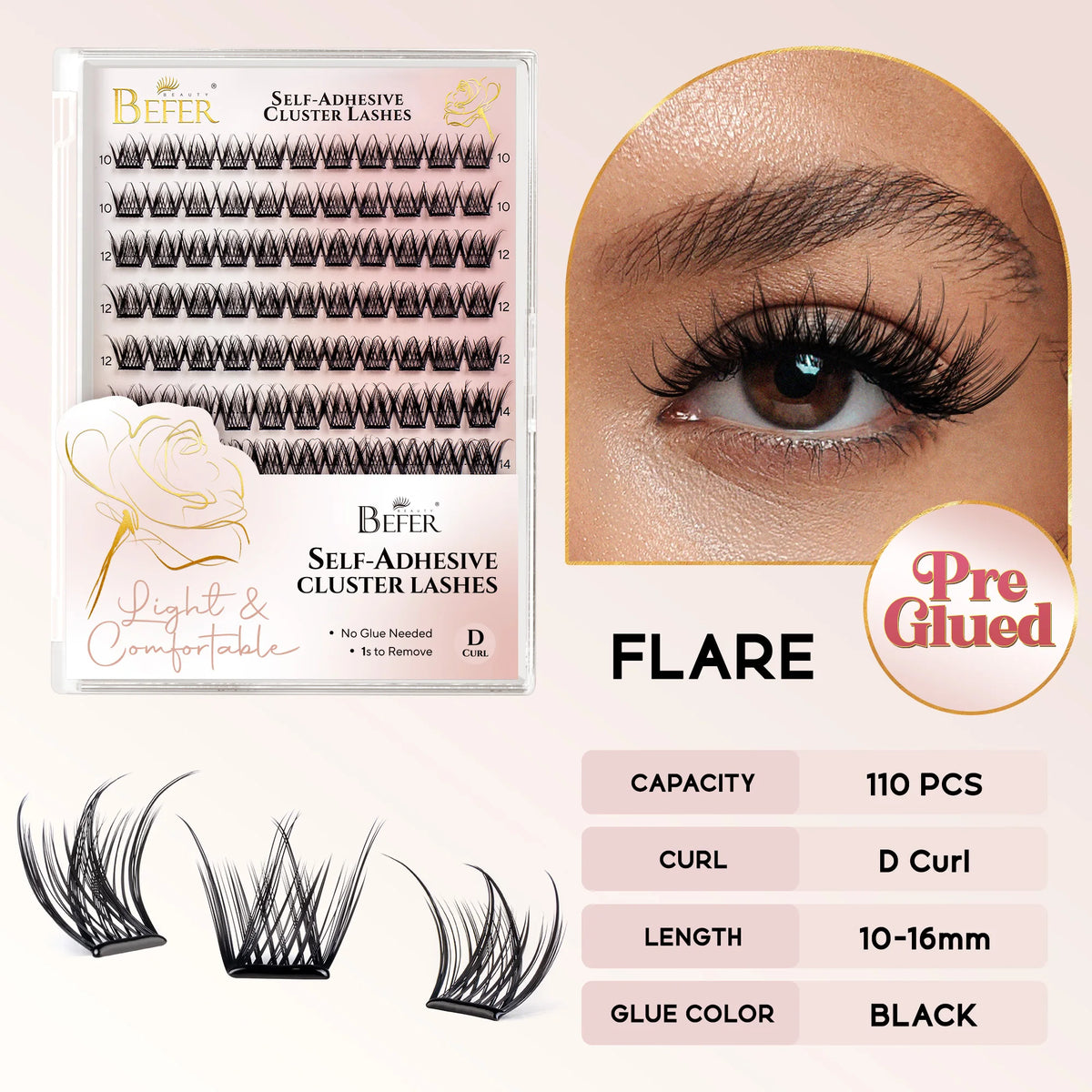 Befer Self-Adhesive False Eyelashes Glue-Free Lash Clusters Makeup D Curl Fluffy Manga Natural Soft Lash For Beginners Easy