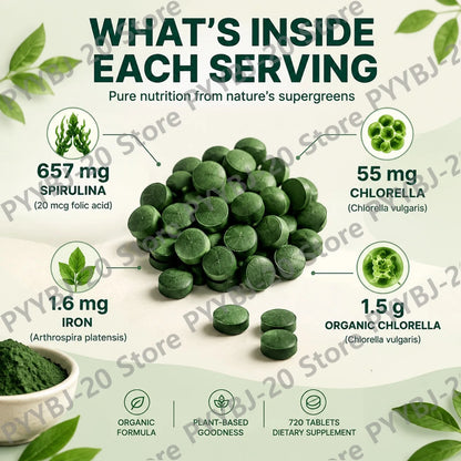 Organic Spirulina & Chlorella 720 Tablets – Broken Cell Wall, Chlorophyll Rich, Supports Daily Energy, Immunity & Vitality