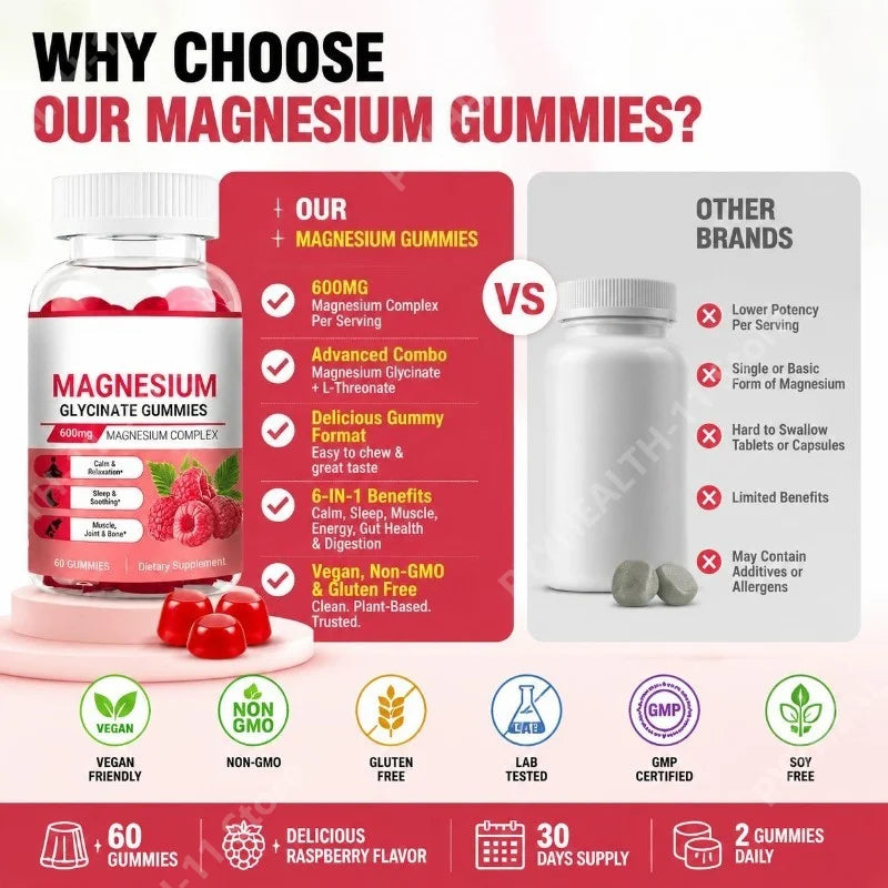 Magnesium Glycinate Gummies Vegan 600mg Magnesium Complex Chewable for Calm Relaxation and Sleep Soothing 60 Gummies
