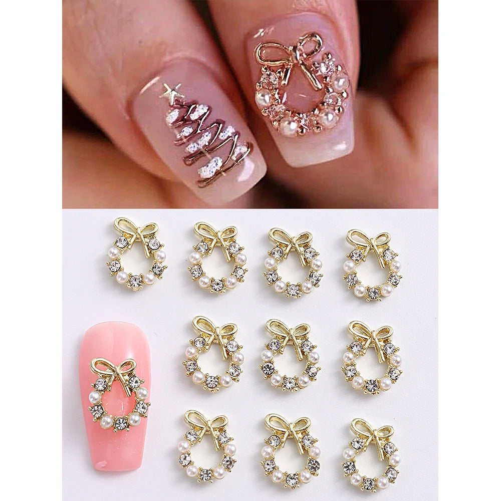 3D Christmas Nail Art Charms; Gold & Silver Bows and Wreaths; Cute Winter Designs for DIY Manicures and Salon Accessories