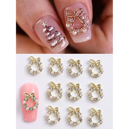 3D Christmas Nail Art Charms; Gold & Silver Bows and Wreaths; Cute Winter Designs for DIY Manicures and Salon Accessories