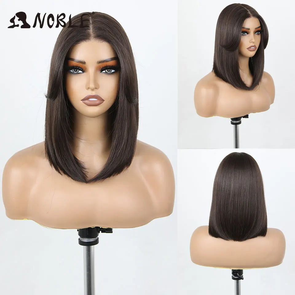 Noble Synthetic Lace Front Wigs For Women 12 Inch Pre Plucked Pre-Cut Ombre Brown Blonde Straight Layered Bob Wig Cosplay Wig