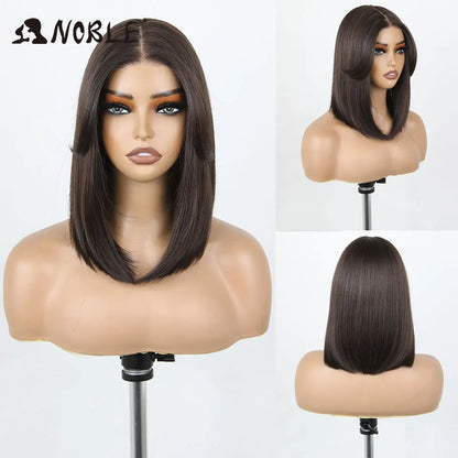 Noble Synthetic Lace Front Wigs For Women 12 Inch Pre Plucked Pre-Cut Ombre Brown Blonde Straight Layered Bob Wig Cosplay Wig