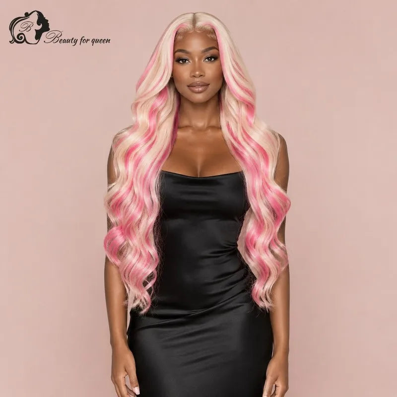 Radiant Platinum Pink Streak Ombre Human Hair Wigs Body Wave Long Premium Bouncy Lustrous Pre Plucked For Lady Vixen Glamorous