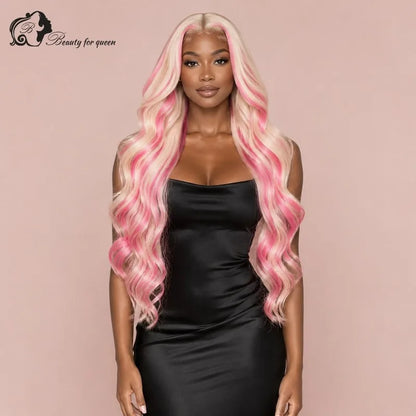 Radiant Platinum Pink Streak Ombre Human Hair Wigs Body Wave Long Premium Bouncy Lustrous Pre Plucked For Lady Vixen Glamorous