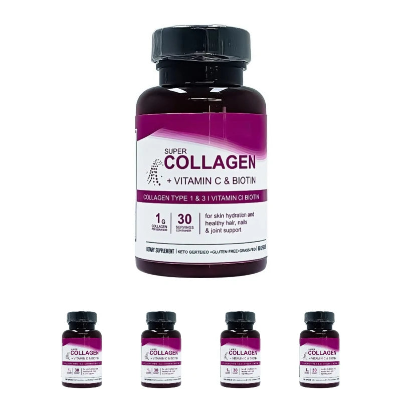 Collagen Capsules for Skin Hydration, Strong Hair & Nails Joint Support, Type 1 &3 Collagen with Vitamin C & Biotin, 60 Capsules